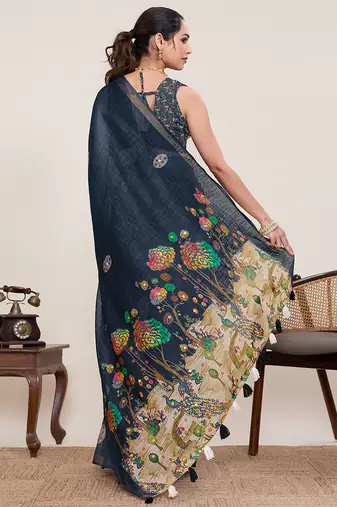 Grey linen silk blend ethnic partywear saree