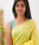 Yellow soft linen slub jacuard work designer saree with blouse