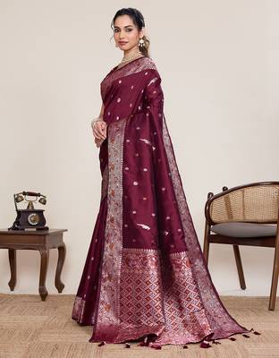 Maroon woven work graceful partywear saree 4