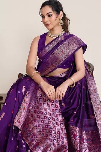 Violet woven work graceful partywear saree
