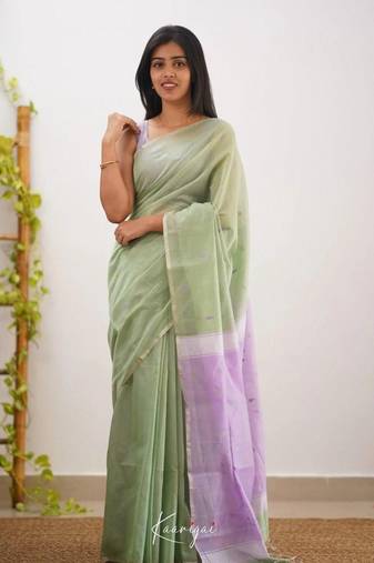 Green soft linen slub jacuard work designer saree with blouse