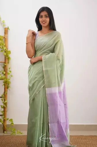 Green soft linen slub jacuard work designer saree with blouse
