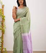 Green soft linen slub jacuard work designer saree with blouse