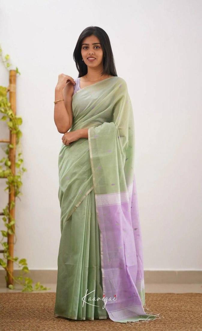 Green soft linen slub jacuard work designer saree with blouse