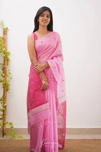 Pink soft linen slub jacuard work designer saree with blouse