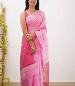 Pink soft linen slub jacuard work designer saree with blouse