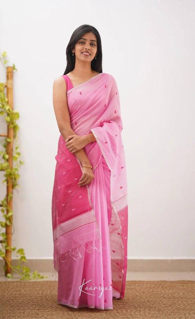 Pink soft linen slub jacuard work designer saree with blouse