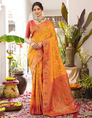 Yellow girlie woven partywear saree 1