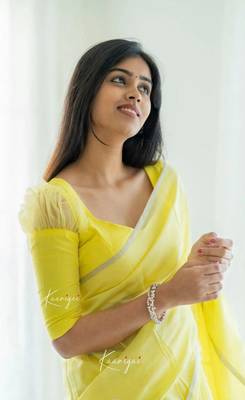 Yellow linen slub jaquard designer saree with blouse 1