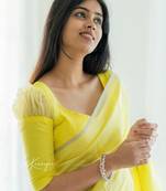 Yellow soft linen slub jacuard work designer saree with blouse