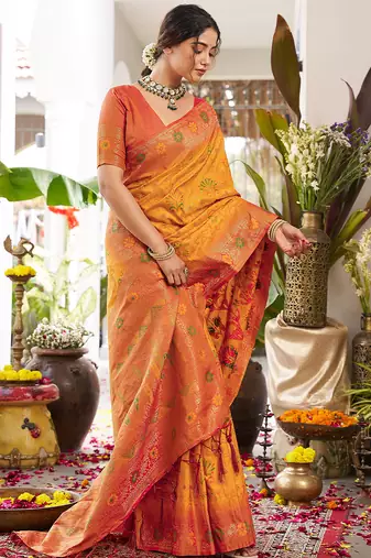 Yellow girlie woven partywear saree