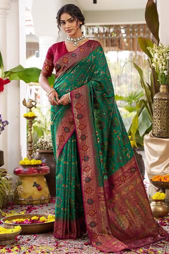 Green color beautiful girlie woven designer partywear saree