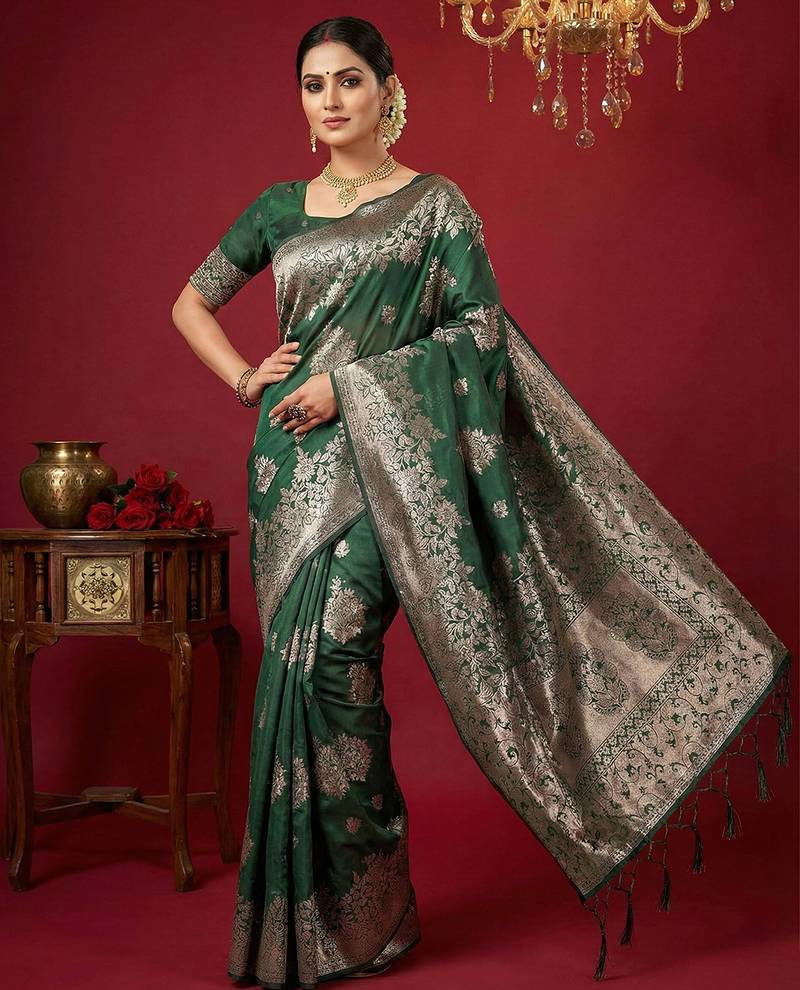 Dark green color beautiful silk blend fabric woven designer ethnic ceremonial saree