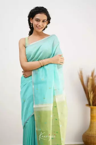 Turquoise linen slub jaquard designer saree with blouse