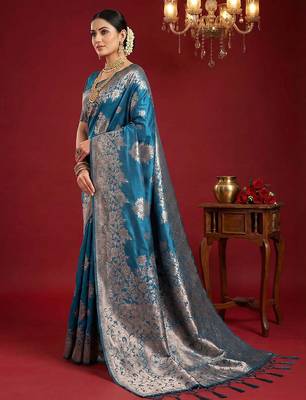 Teal blue silk blend woven ethnic ceremonial saree 2