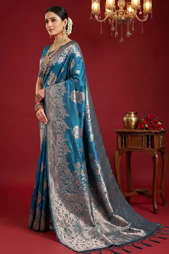 Teal blue silk blend woven ethnic ceremonial saree