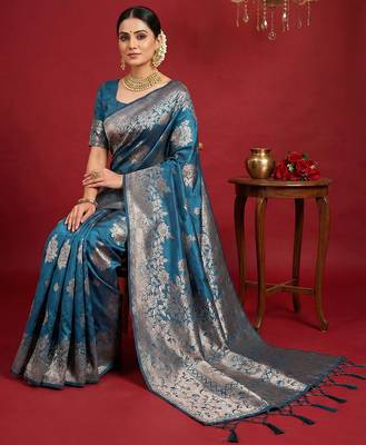 Teal blue silk blend woven ethnic ceremonial saree 3