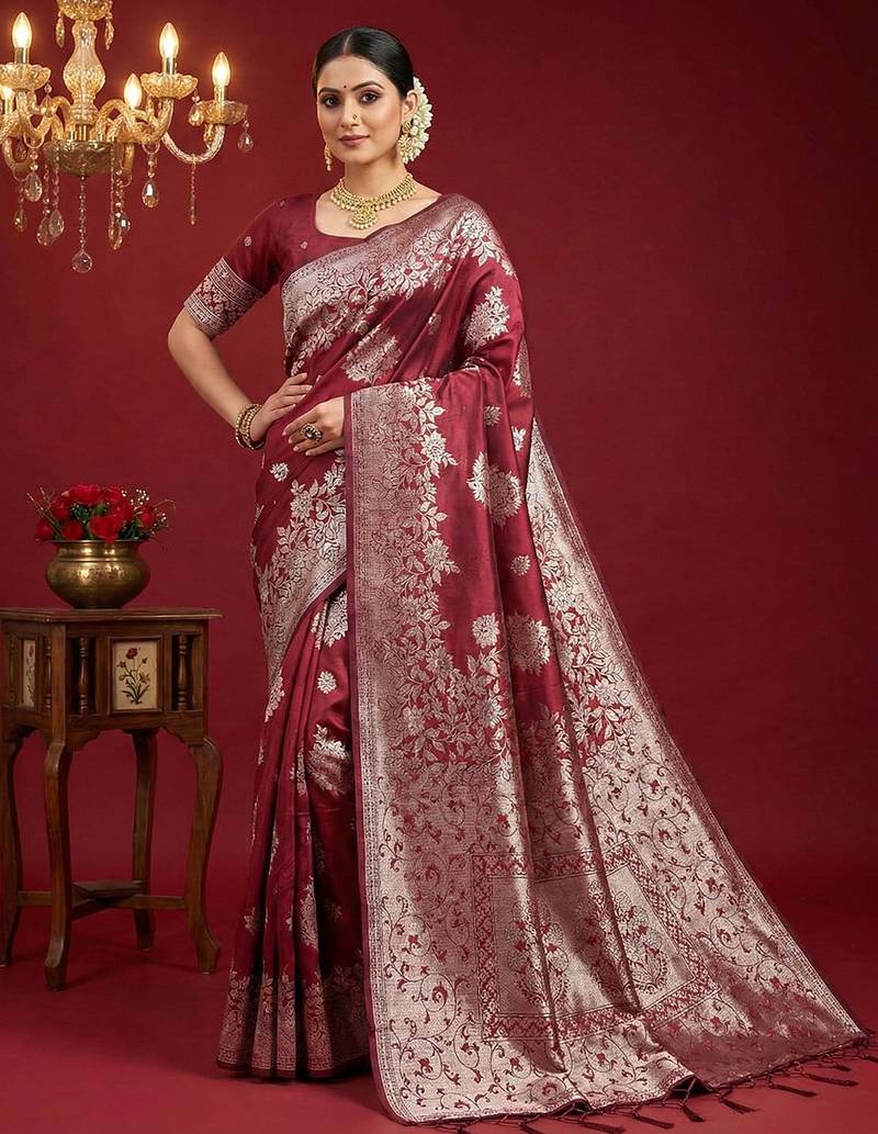 Maroon color beautiful silk blend fabric woven designer ethnic ceremonial saree