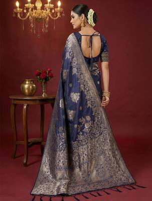 Navy blue silk blend woven ethnic ceremonial saree 2