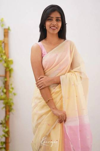 Cream soft linen slub jacuard work designer saree with blouse