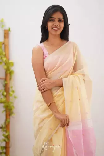 Cream soft linen slub jacuard work designer saree with blouse