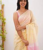 Cream soft linen slub jacuard work designer saree with blouse
