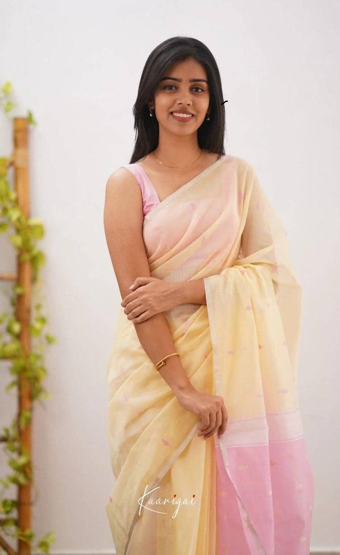 Cream soft linen slub jacuard work designer saree with blouse