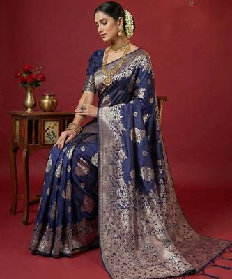 Navy blue silk blend woven ethnic ceremonial saree 3