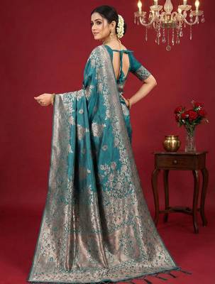 Sea green silk blend woven ethnic ceremonial saree 2