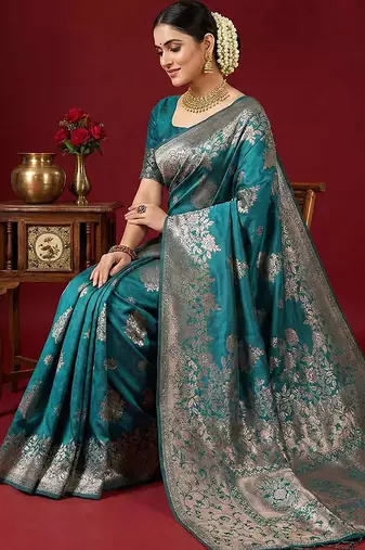 Sea green silk blend woven ethnic ceremonial saree
