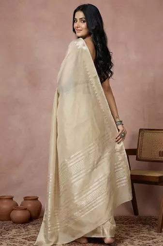 Cream blended cotton woven ceremonial sober looks saree