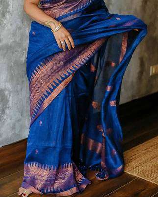 Blue linen slub jaquard designer saree with blouse 2