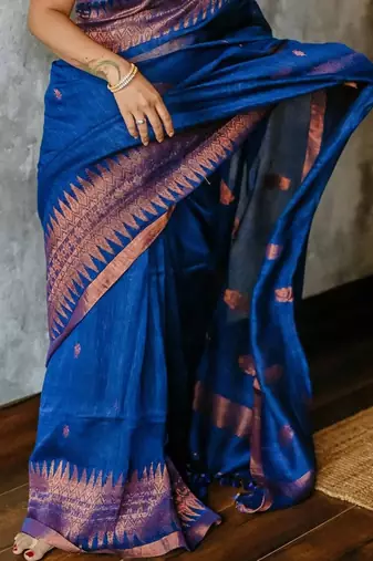Blue linen slub jaquard designer saree with blouse