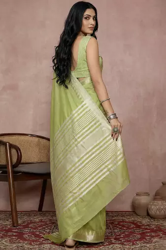 Pista blended cotton woven ceremonial sober looks saree