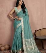 Teal color blended cotton woven designer ceremonial sober looks saree