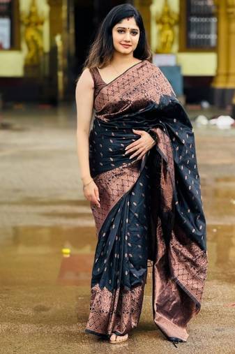 Black soft silk blend banarasi jacuard work designer saree with blouse