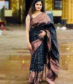 Black soft silk blend banarasi jacuard work designer saree with blouse