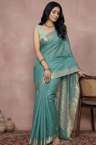 Teal blended cotton woven ceremonial sober looks saree