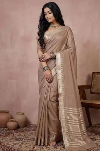Beige color blended cotton woven designer ceremonial sober looks saree