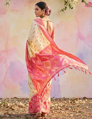 Cream soft silk blend woven graceful ethnic partywear saree 2