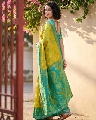 Mustrad yellow pochampalli silk blend saree with graceful woven looks 5
