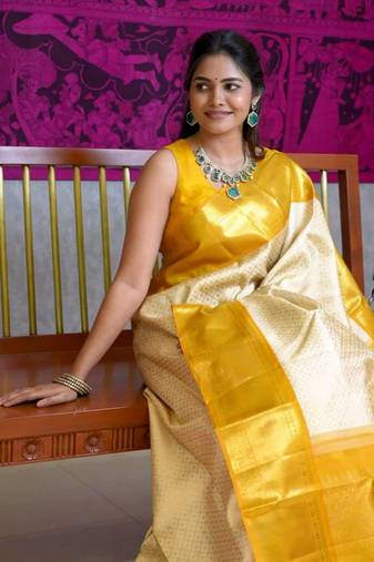 Light yellow soft silk blend banarasi jacuard work designer saree with blouse