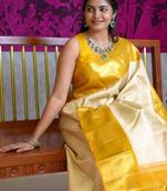 Light yellow soft silk blend banarasi jacuard work designer saree with blouse