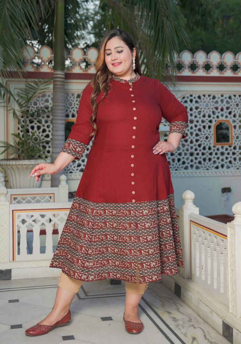 Yash gallery women's plus size maroon rayon floral printed anarkali kurta (maroon)