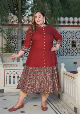 Yash gallery women's plus size maroon rayon floral printed anarkali kurta (maroon) 1