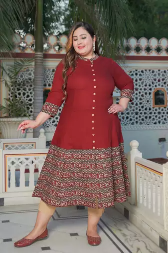 Yash gallery women's plus size maroon rayon floral printed anarkali kurta (maroon)