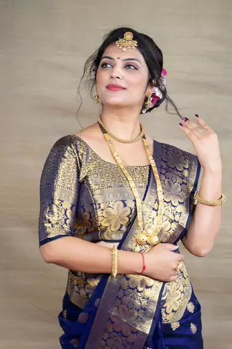 Blue soft silk blend banarasi jacuard work designer saree with blouse