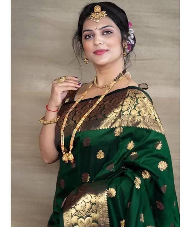 Green soft silk blend banarasi jacuard work designer saree with blouse