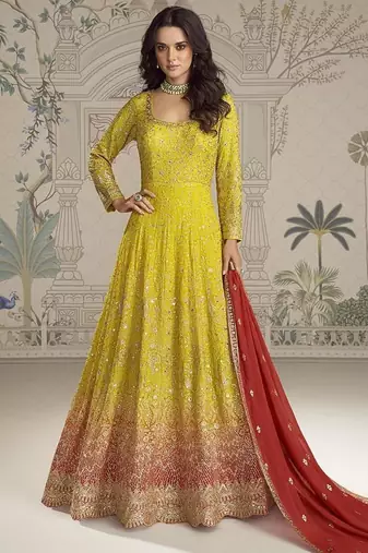 Yellow embroidered georgette anarkali suit semi stitched up to 42" size