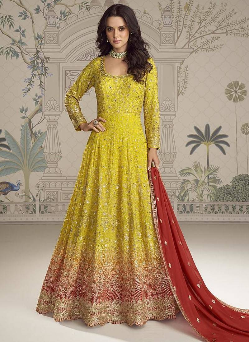Yellow embroidered georgette anarkali suit semi stitched up to 42" size